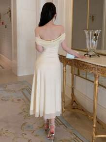 DAZY 纯色露肩褶饰网眼连衣裙优雅晚宴礼服、生日礼服、新年前夜舞会礼服优雅太阳裙、正式女士礼服 - 米色 - 查看 2