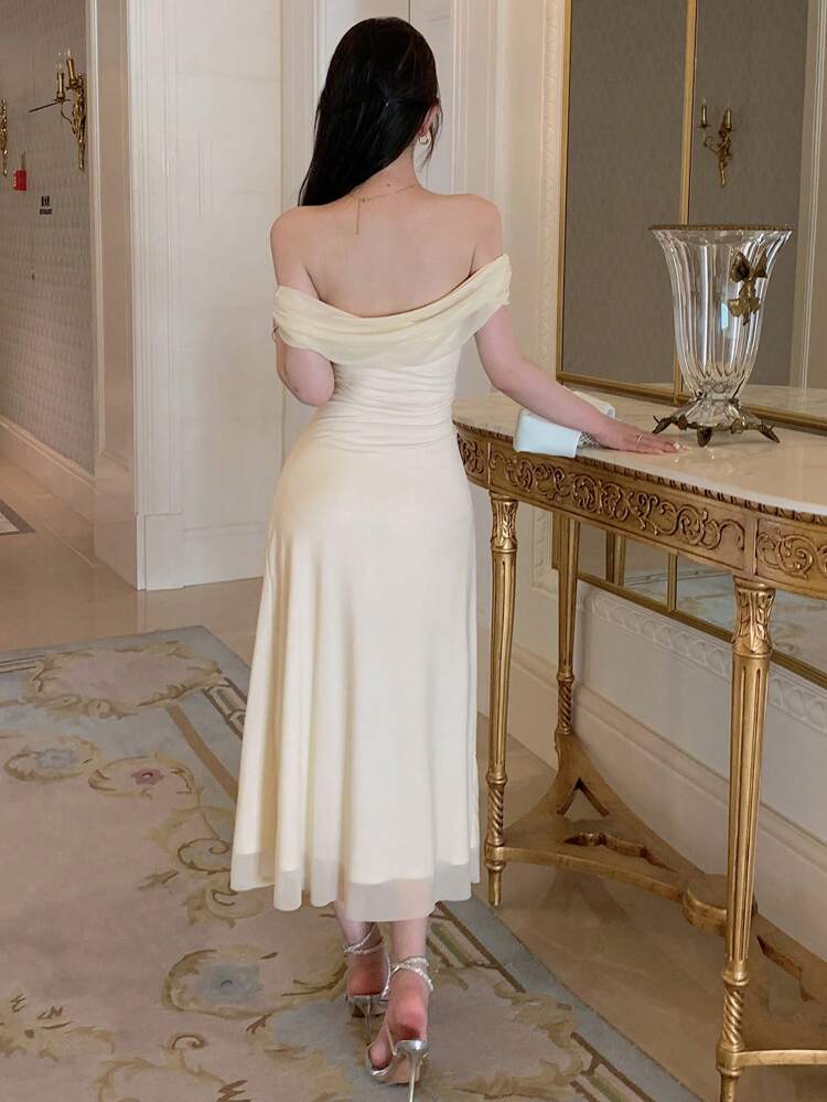 Solid Off Shoulder Ruched Mesh Dress Elegant Dinner Dress, Birthday , New Year Eve Prom Dress Elegant Sundress, Formal Women Dress Cocktail Dress
