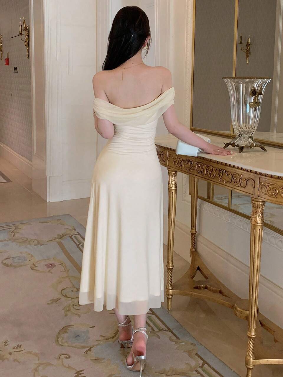 Solid Off Shoulder Ruched Mesh Dress Elegant Dinner Dress, Birthday , New Year Eve Prom Dress Elegant Sundress, Formal Women Dress Cocktail Dress