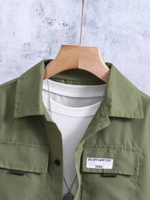 SHEIN Bé trai tuổi teen 1 Miếng Thư được vá Túi có nắp Áo sơ mi & 1 Miếng Quần - xanh quân đội - Xem 5