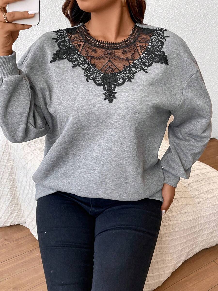 SHEIN Frenchy Plus Guipure Lace Insert Drop Shoulder Sweatshirt Winter Fall Autumn - Grey - View 1