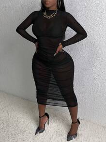 Slaydiva Mock Neck Ruched Mesh Bodycon Dress Without Lingerie Set - Black - View 5