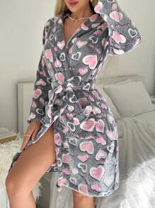 Bata de franela con cinturón y estampado de corazones, para otoño e invierno, esponjosa y acogedora - Multicolor - Ver 6