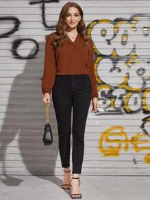 SHEIN Clasi V領燈籠袖素色上衣 - 棕色 - 查看 4