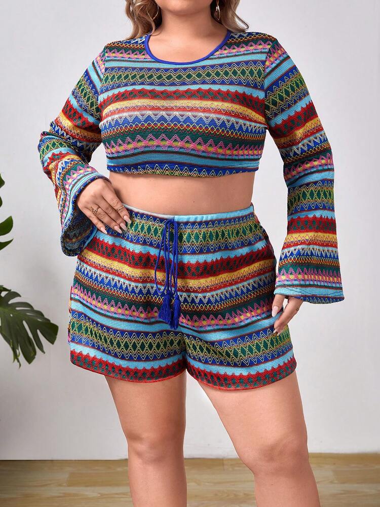 Plus Geo Print Trumpet Sleeve Crop Top & Tie Front Shorts