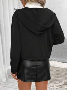 SHEIN LUNE 拉鏈開襟落肩袖抽繩連帽夾克 - 黑色 - 查看 2
