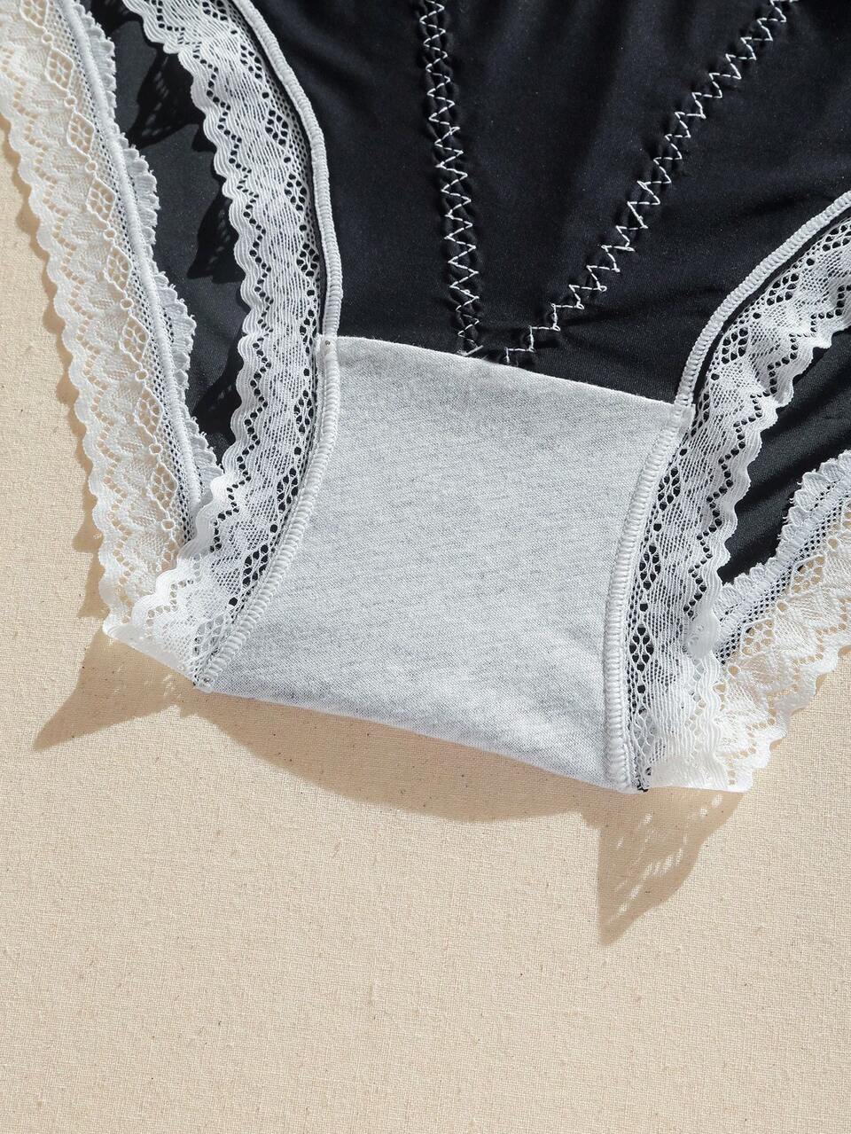 Women's Casual Knitted Fabric Multicolor Plain Lace Trim Briefs Underwear Set Multi Pack
