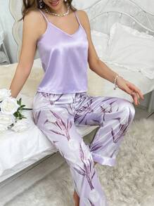 花卉印花缎面睡衣套装/睡衣套装 - 紫色 - 查看 6