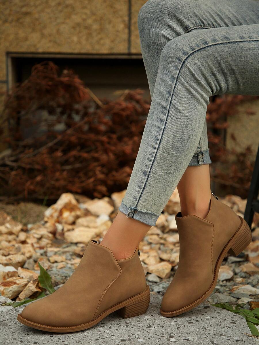 女性時尚尖頭粗跟美式短靴帶後拉鍊,一腳蹬風格 - 卡其色 - 查看 1