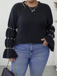 Calvaya Plus Pearls Beaded Flare Sleeve Sweater - Black - View 1