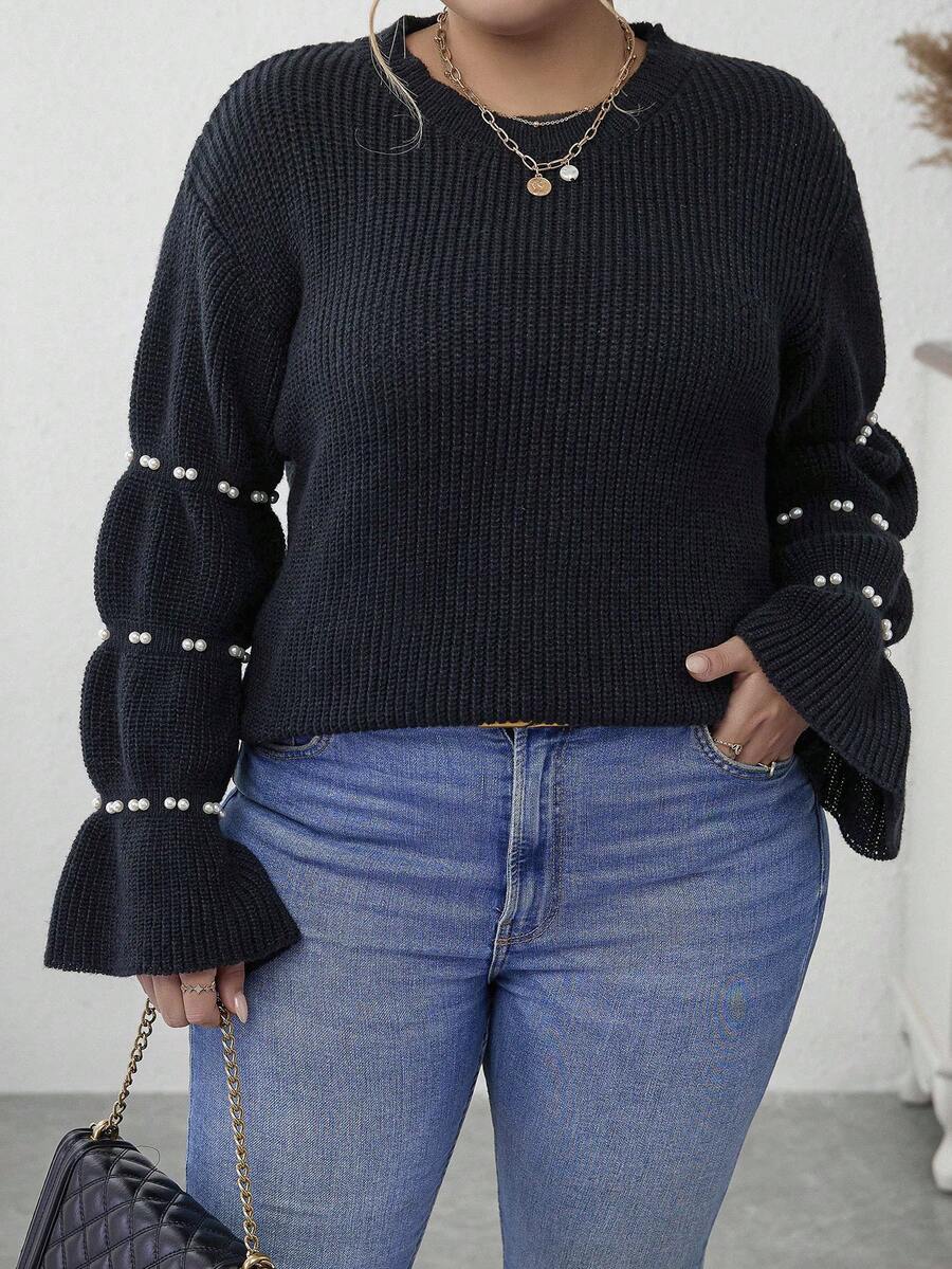 Calvaya Plus Pearls Beaded Flare Sleeve Sweater - Black - View 1