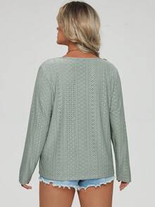 SHEIN LUNE 大碼網眼刺繡前紐扣T恤 - 薄荷綠 - 查看 2