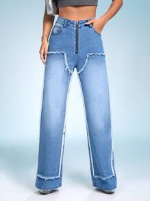 SHEIN ICON Zíper Mosca Acabamento Bruto Perna Larga Jeans - Azul - Ver 7