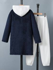 SHEIN 男大童素色絨毛外套和褲子&連帽衫 - 藍色 - 查看 2