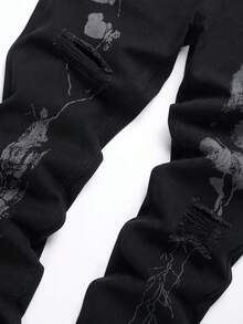 Men Figure Pattern Ripped Jeans - Black - View 7
