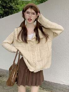 纯色水手领纽扣开衫、长袖上衣 - 杏色 - 查看 3