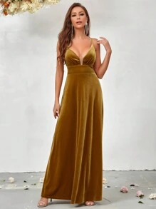 SHEIN Belle 撞色網眼天鵝絨吊帶洋裝 - 黃色 - 查看 6