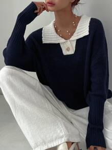 DAZY Contrast Collar Drop Shoulder Sweater,Long Sleeve Tops,Fall Clothes - Navy Blue - View 6
