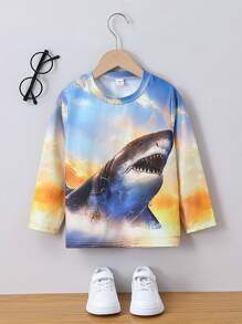 Young Boy Shark Print Tee - Multicolor - View 1