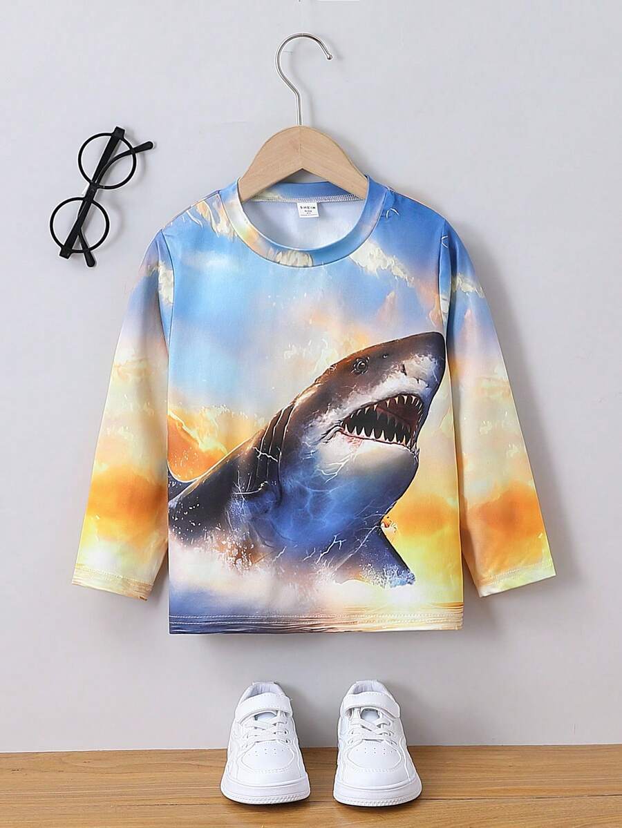 Young Boy Shark Print Tee - Multicolor - View 1