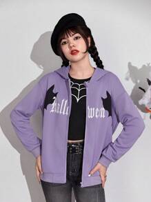 Teen Girls Letter Graphic Zip Up Drop Shoulder Hoodie