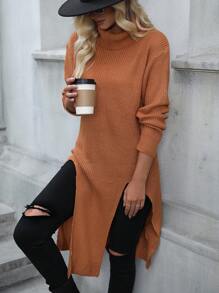 SHEIN LUNE Áo len cổ cao xẻ đùi, vai rớt, chất liệu dệt kim, thích hợp cho mùa thu đông. - Màu Khaki - Xem 3