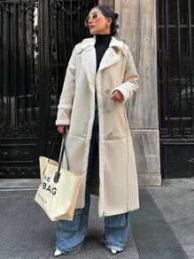 RueChic Lapel Neck Drop Shoulder Longline Coat - Beige - View 7