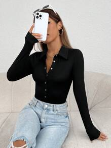 SHEIN PETITE Button Front Slim Fit Tee Bodysuit - Black - View 3