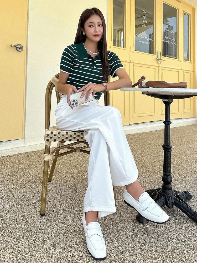 Striped Pattern Polo Neck Knit Top Easter