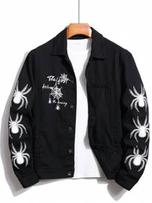Manfinity EMRG Men Spider & Slogan Graphic Denim Jacket Without Tee - Black - View 1