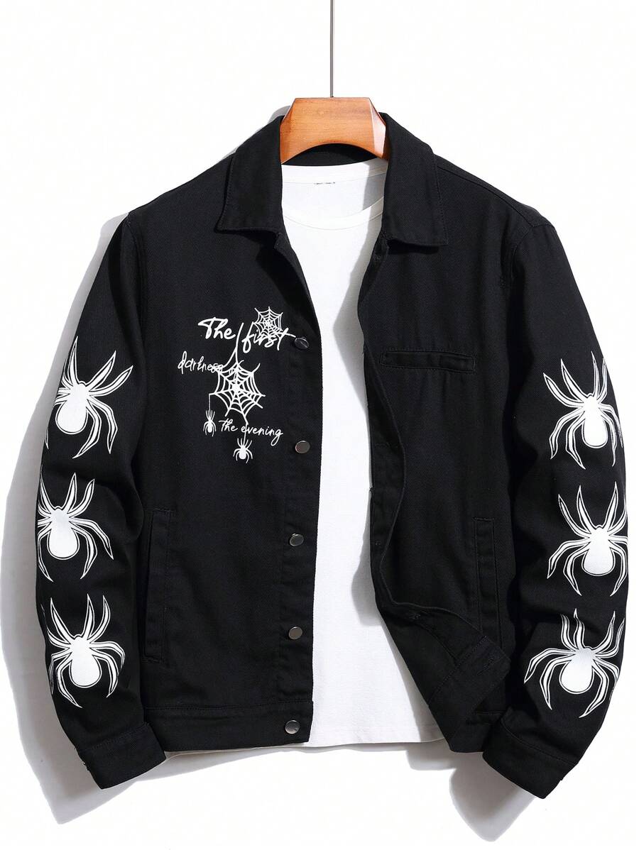 Manfinity EMRG Men Spider & Slogan Graphic Denim Jacket Without Tee - Black - View 1