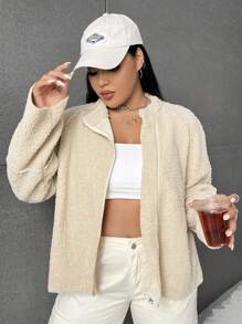SHEIN EZwear Hơn Dây kéo Tay Raglan Áo Teddy Jackets - Màu be - Xem 3