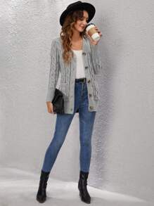 SHEIN LUNE Cable Knit Button Front Cardigan In Fall/Winter - Light Grey - View 3