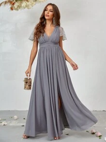 SHEIN Belle 撞色蕾絲開衩大腿雪紡伴娘禮服 - 灰色 - 查看 3