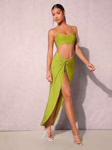 SHEIN X Jessie SHEIN BAE Solid Crop Cami Top & Twist Front Split Thigh Skirt - Lime Green - View 4