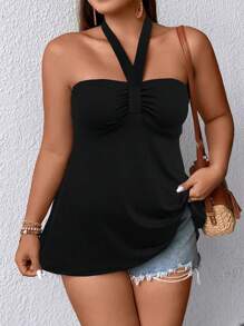 SHEIN Holidaya Áo hai dây Plus Size Lộ Lưng Xù Buộc lại màu trơn Giải trí - màu đen - Xem 1