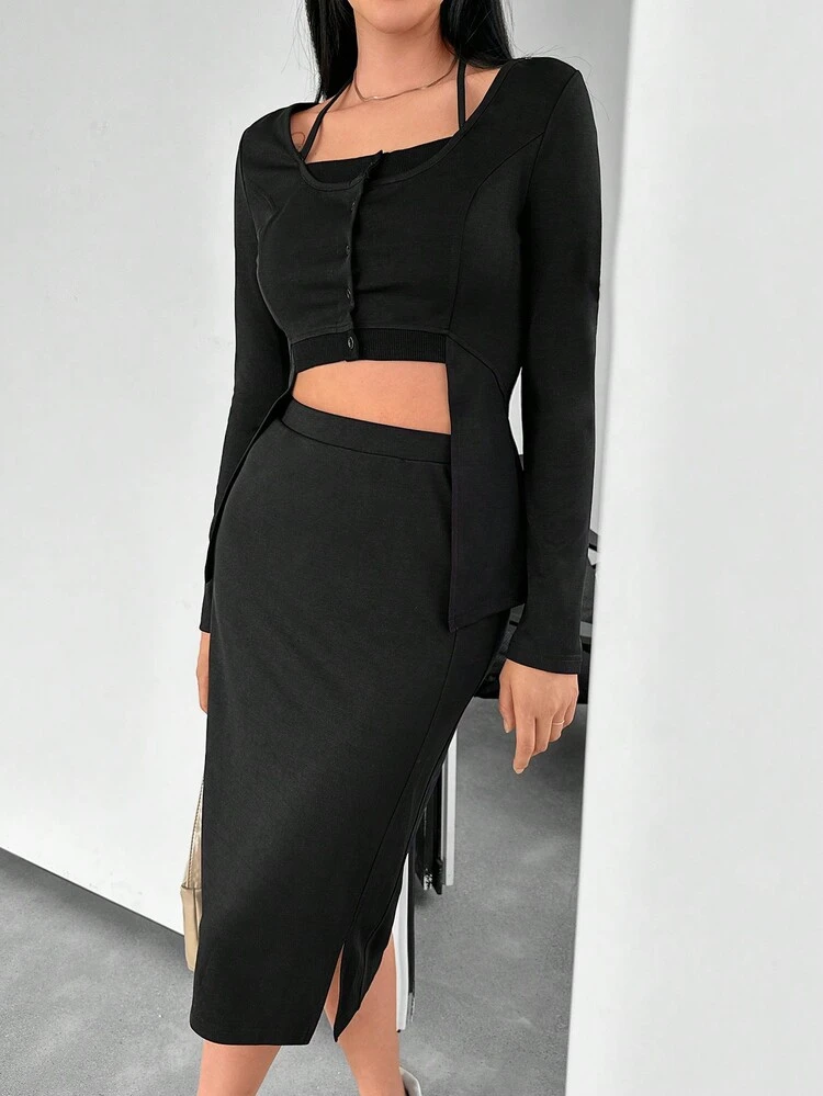 Solid Button Front Crop Tee & Split Hem Skirt