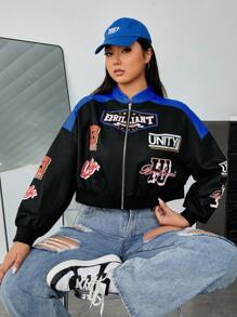 SHEIN EZwear 大碼字母圖案撞色落肩袖短款飛行員夾克 - 黑色 - 查看 6