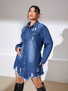 SHEIN ICON Cộng thêm váy denim viền cong thô cắt thô - Màu xanh lam - Xem 4