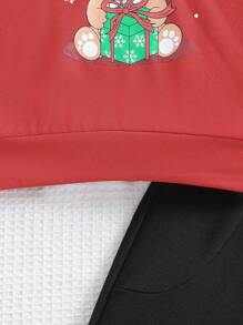 SHEIN Cô Gái Trẻ In Giáng sinh Chi tiết cung Áo Hoodie & Quần thể thao - Đỏ - Xem 3