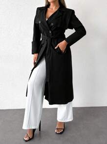 SHEIN Cottnline Double Breasted Belted Trench Coat - Black - View 5