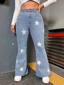 SHEIN EZwear Talla grande Jeans de pierna amplia con estampado de estrella - Lavado ligero - Ver 5