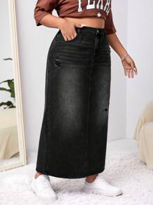 SHEIN ICON Plus Ripped Denim Skirt - Black - View 5