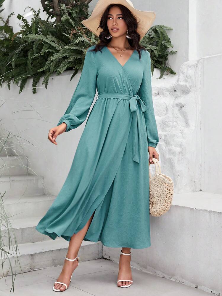 Lantern Sleeve Belted Wrap Dress