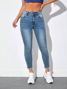 SHEIN PETITE Cao eo Raw Hem Quần jean ôm - Rửa trung bình - Xem 3