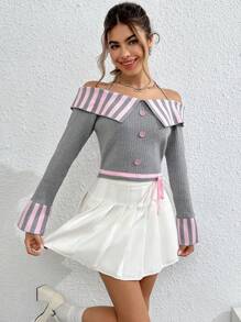 SHEIN Unity Jersey crop con patrón de rayas de hombros descubiertos doblado - Gris - Ver 1