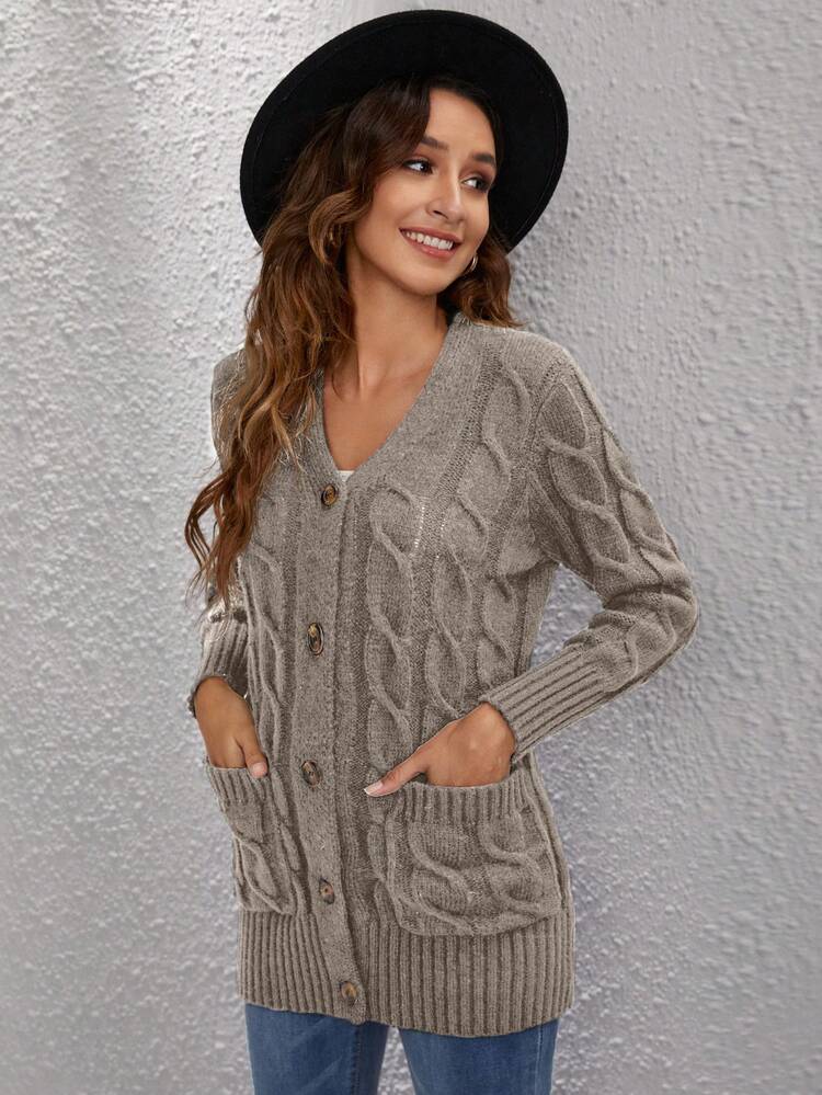 Cable Knit Button Front Cardigan,Long Sleeve Tops In Fall/Winter