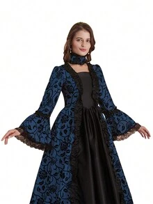 中世紀花卉印花荷葉邊袖荷葉邊洋裝 - 藏蓝色 - 查看 3