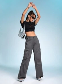 SHEIN ICON 側翻蓋口袋高腰牛仔褲 - 灰色 - 查看 5