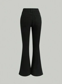 SHEIN Tween Girls Ripped Flare Leg Jeans - Black - View 2